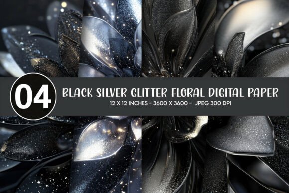 Black Silver Glitter Floral Digital Design