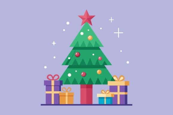 Flat Christmas Tree and Gifts Vector