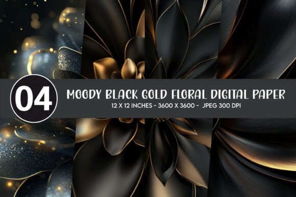 Moody Black Gold Floral Digital Paper