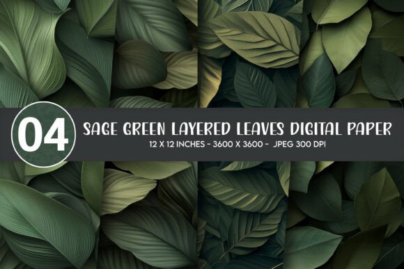 Sage Green Layered Leaves Digital Paper