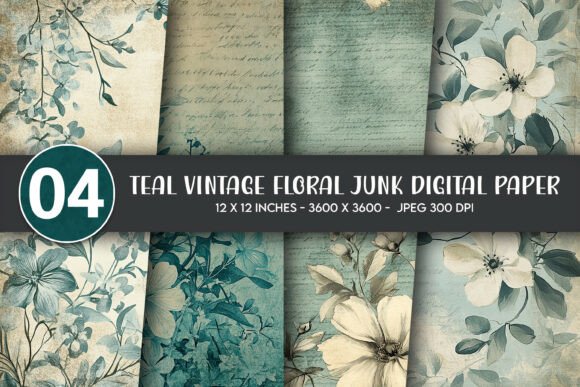 Teal Vintage Floral Junk Digital Paper: A Versatile Design for Creative Projects