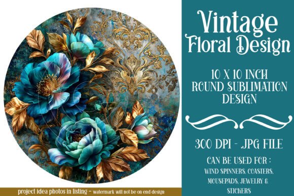 Vintage Blue Gold Floral 10ich Round D13